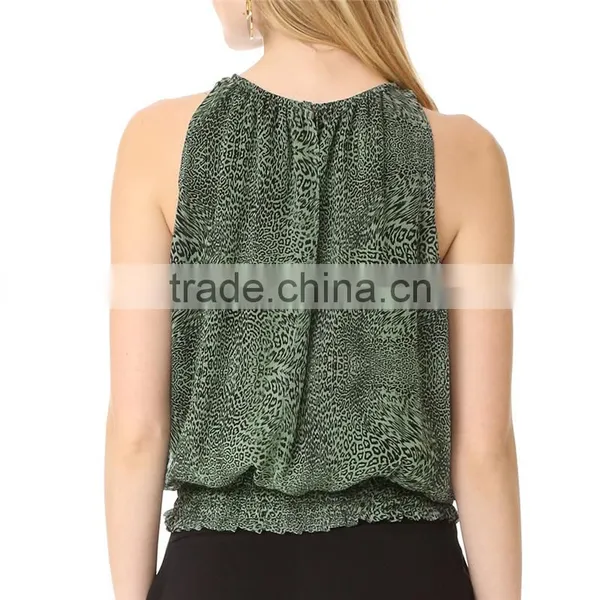 2017 OEM Women Breezy Elastic Round Neckline Leopard Blouse photo-4