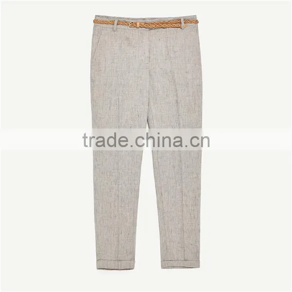 Elegant Fancy Roll-up Hem Linen Grey Dress Pants With Braided Belt photo-6