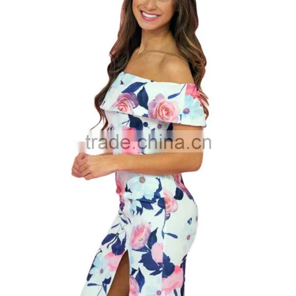 Summer Front Slit One-piece Printed Floral off Shoulder Dress photo-5