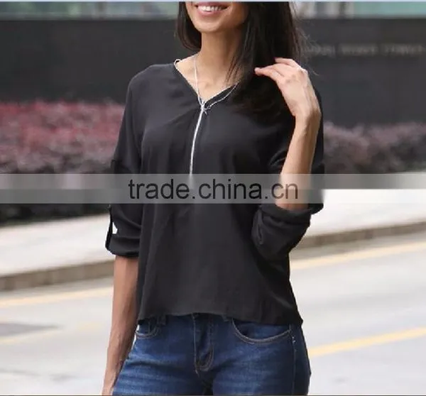 Fashionable Women Knitted Zipper t Shirt Top With 7/8 Sleeve photo-4