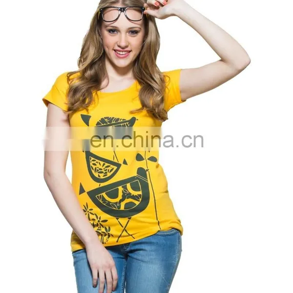 2015 New Arrival Wholesale Garments Customize Made Women Top Yellow Elegant Print Fashionable Hot T-shirt for Girls photo-2