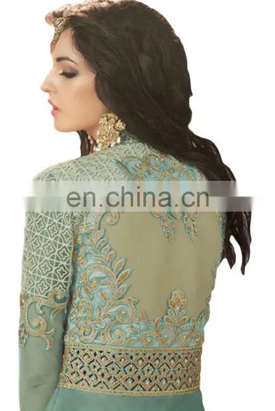 2017 Wedding Engagement Wear Turquoise Color Net Anarkali Style Lehenga (Semi-Stitched) photo-2