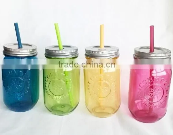 Custom Design 16oz Coloured Glass Mason Jar With Pipe, Empty Glass Mason Jar