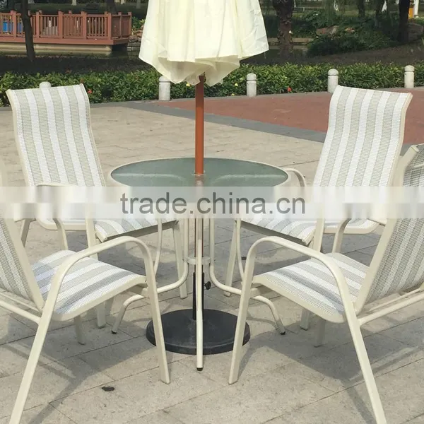 All Weather Proof Coffee Brown 5 Piece Outdoor Garden Balcony Aluminum Sling Patio Furniture Round Glass Dining Table Chair Set photo-6
