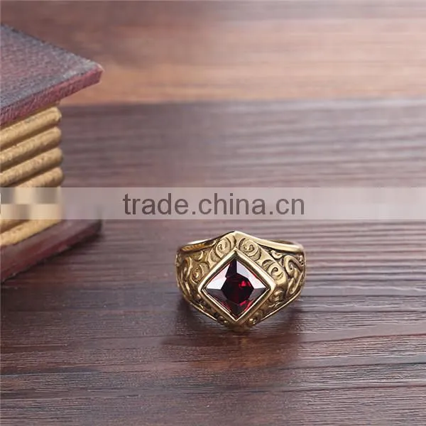 Vintage Cubic Zircon Engrave Antique Gold 316L Stainless Steel Rings Band for Men photo-5