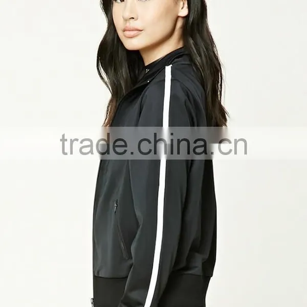 Wholesale Track Jackets Mock Neck Long Sleeve Contrast Stripe Ribbed Trim Running Sports Varsity Jacket Black Varsity Jacket photo-3