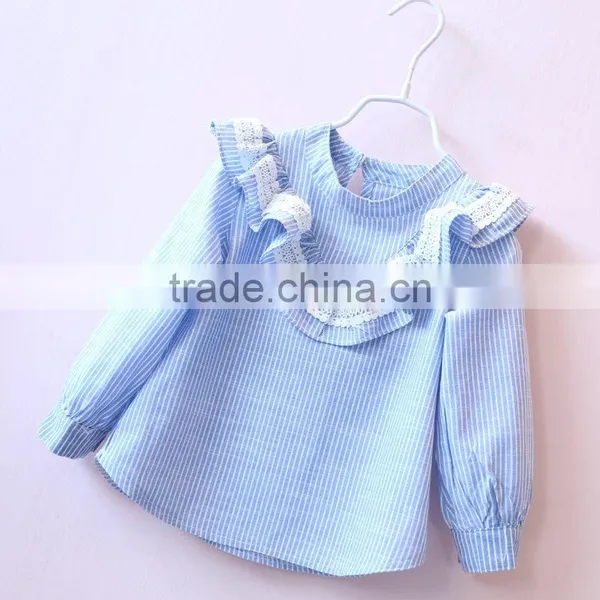 New 2017 Wholesale Hot Summer Girls Cotton Long Sleeves Striped Lace Blouses 2-8 Years photo-2