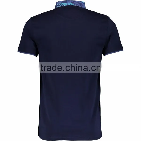 Male's Navy Pure Cotton Slim Fitted Polo Shirt With Patterned Collar photo-2