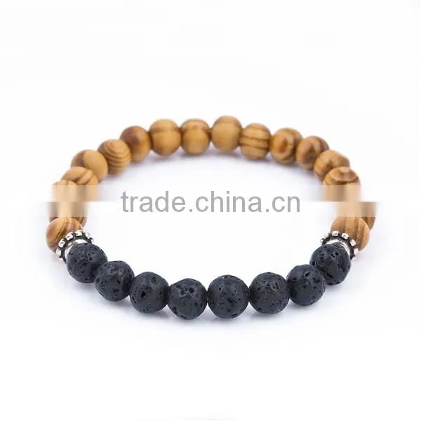 Stone Lava Wood Beaded Healing Bracelet Antique Silver Gear Black & Brown Elastic 23.5cm Long photo-2