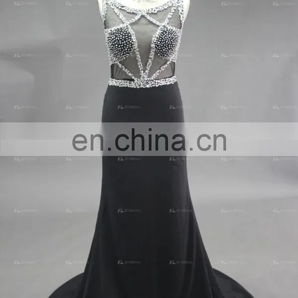 Real Pictures Beaded See Through Top Sheath Long Black Evening Dress photo-2