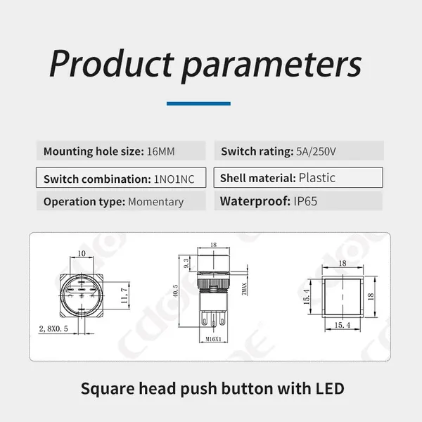Ip65 16mm Plastic Flat Head 12v 24v 1no1nc Illuminated Square Push Button Reset photo-3