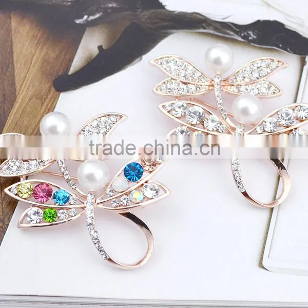 2015 Fashion Jewelry Dragonfly Design Pearl Brooch Multicolor Crystal Brooch photo-4