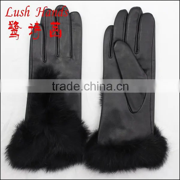 Fashion Lady Sheepskin Leather Gloves With Fox Fur