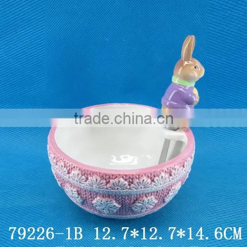 Easter Gift Ceramic Bowl and Knife With Rabbit Figurine photo-2