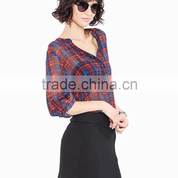 Women's Basic Classic Lightweight Collar Plaid Chiffon Shirt photo-2