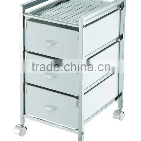 3 MDF White Drawer Storage Organizer Rolling White Trolley Cart Chrome