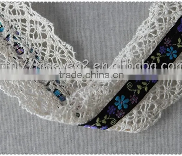 4.5cm Width Embroidery Flower Jacquard Ribbon, Embroidered Woven Fringed Jacquard Ribbon photo-3