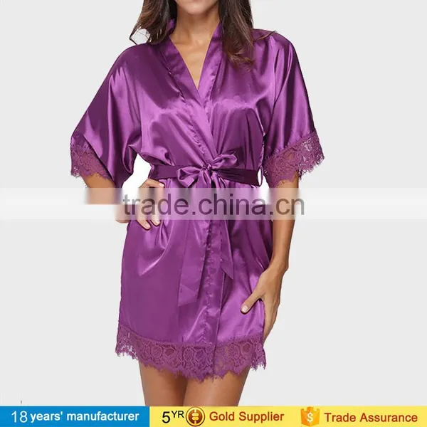 Sexy Women Plus Size Lace Knee Length Lingerie Bathrobe Silk Satin Kimono Bride Bridesmaids Robes for Wedding Party 2017 photo-5