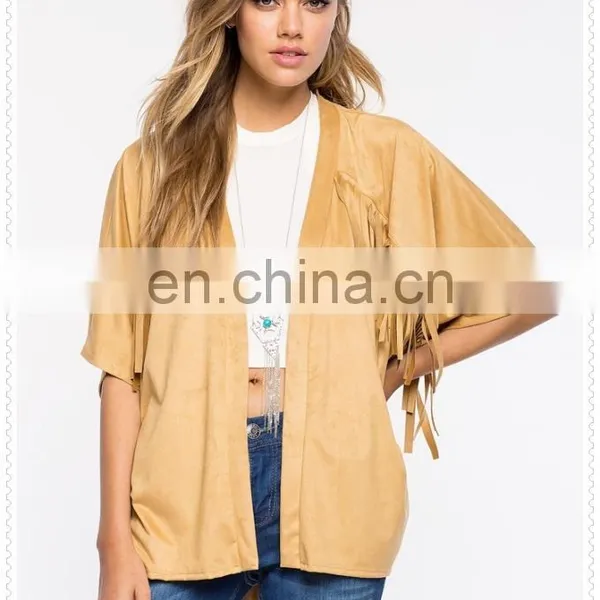 OEM High Quality Oversized Half Sleeves Fringe Faux Suede Jacket photo-4