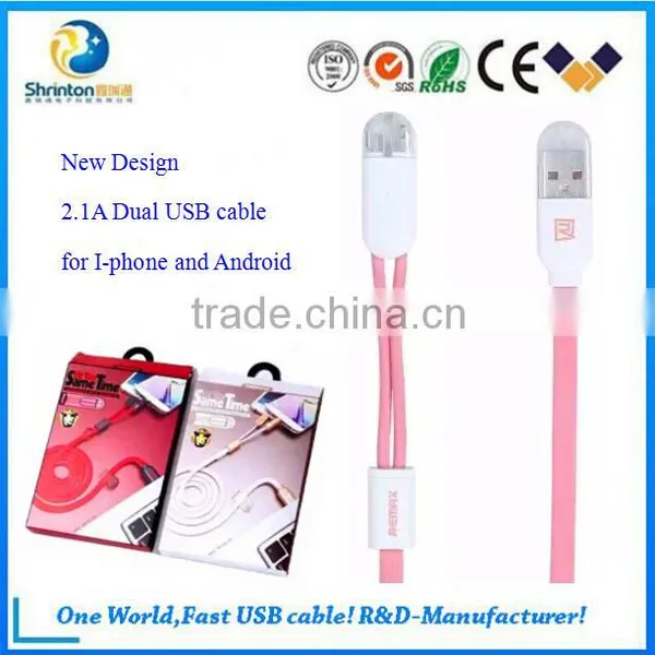 Remax New Design 2 in 1 Cable 2.1A Charging I-phone and Android at the Same Same photo-3