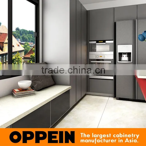 Red & Grey Tempered Glass Lacquer MDF Wooden Kitchen Cabinet With Island Design photo-4
