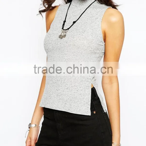 China Factory OEM ODM 2015 New Fashion High Neck Side Split Top photo-3