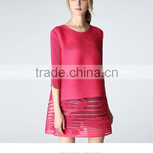 Woman Pleat Round Neck Flower Splicing Loose Dresses Wholesale photo-4