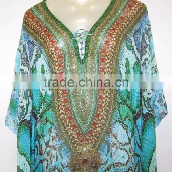 DIGITAL Print Lace up Georgette Crystal Blouse Kaftan CAFTAN Tunic Poncho Top photo-2