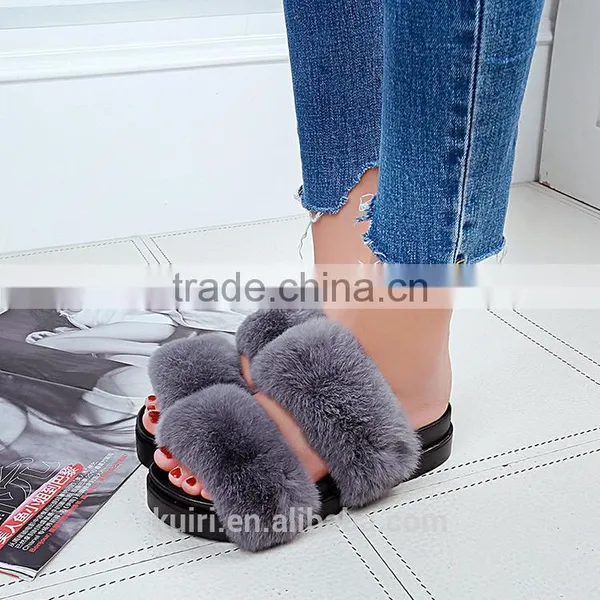 Rabbit Fur Women Fur Slippers Fashion Warm Gladiator Sandals Ladies Summer Flats Casual Platform Slides Fslipper-5 photo-2