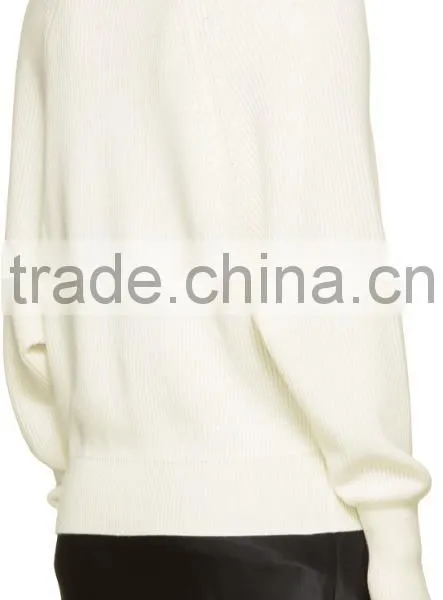Raglan Sleeve Y-Neck Collared Ivory White Rib Knit Cashmere Cardigan for Women photo-4