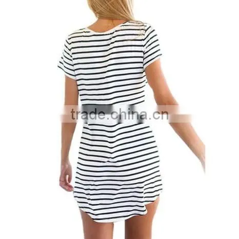 Women V Neck Short Sleeve Striped Loose T-Shirt Mini Dress OEM Service photo-2