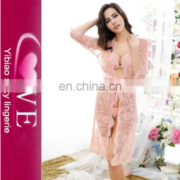 Fancy Women Eyelash Lace Robe Long Sexy Sheer Nightgown Sets