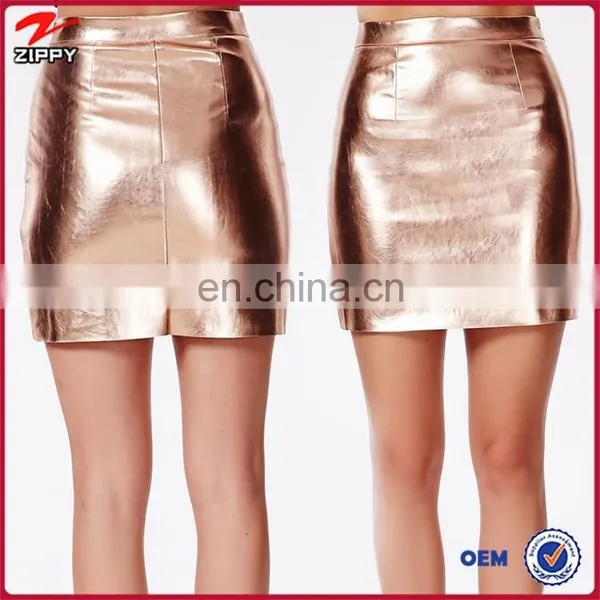 Gold PU Women Bodycon Mini Leather Skirt / Fashion Clothes
