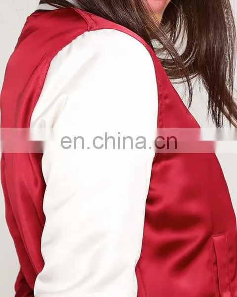 Lightly Padded Women Polyester College Plain Satin Baseball Jacket photo-4