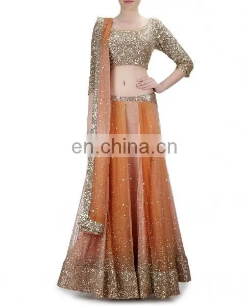 Orange Peach Lengha With Sequins Work
