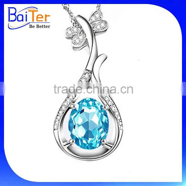 Fashion Rhodium Plated Cubic Zircon CZ 925 Sterling Silver Lab Created Aquamarine Pendant photo-3