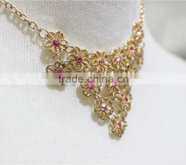 Gold Tiny Flowers W/Rose Diamond Jump-Ring Connected Necklace Simple Chain Gold Necklace2016 Fashion Style Wholesale photo-3