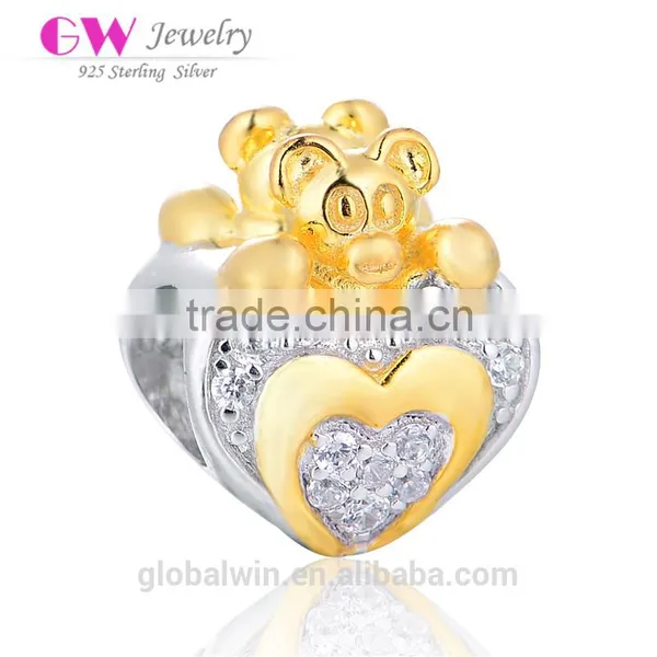 18K Factory Promotion Crystal I Love You Bear Charm European Heart Charm Shiny Solid S925 Silver Bead For Woman Charm Bead photo-6