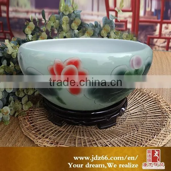 Modern Style High Glazed Handpainted Lotus Oval Aquarium for Garden Decoration photo-2
