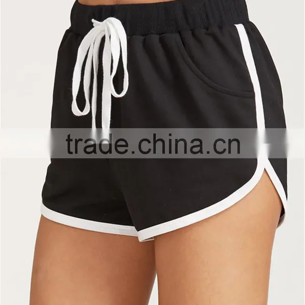 MGOO Black Drawstring Waist Contrast Binding Dolphin Shorts Sport Cotton Shorts Plain Hot Shorts photo-3
