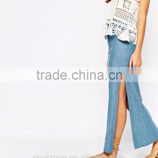 100% Cotton High Rise Split Sides Ladies Long Denim Skirts for Women 2015 photo-4