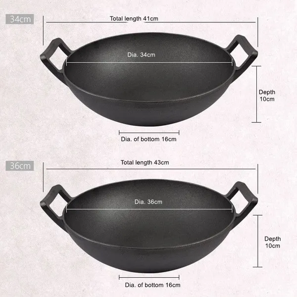 Chinese Traditional Black Round Pre-flavored Non Stick Pan 32/36cm Thickened Flat Cast Iron Wok With Double Handle photo-2