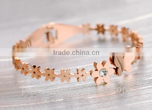 Fashion Titanium Steel Zircon Rose Gold Bangles Butterfly Daisy Bracelet photo-4