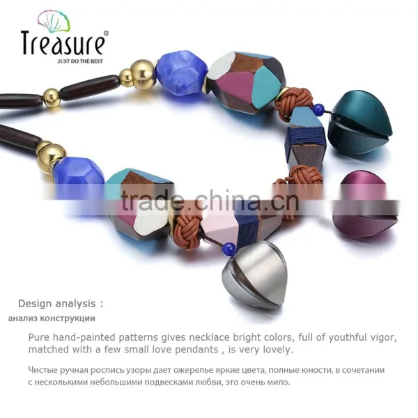 Women Necklace Wood Round Circle Pendant Pattern Sweater Chain Long Necklace photo-4