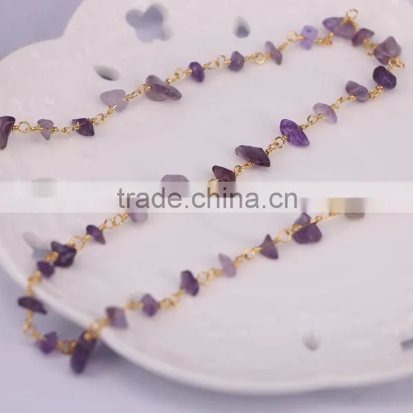 Gold Plated Wire Wrapped Beaded Rosary Chains Amethyst Quartz Stone Beads Jewelry Chain photo-4