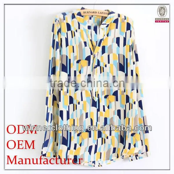 Garment Factory in Shenzhen Ladies' Loose Fit Printed Chinese Collar Casual Blouse Patterns