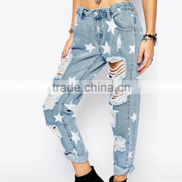 Light Blue Fashion Ripped Jeans Women With Star Print photo-3