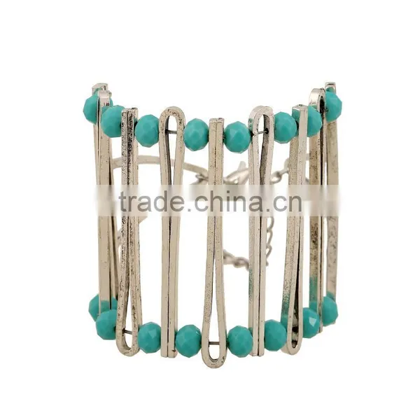 2016 Unique Double Layer Beades Metal Cuff Bangle Elastic Stone Beaded Cuff Bangle Diy Beaded Bangle photo-2