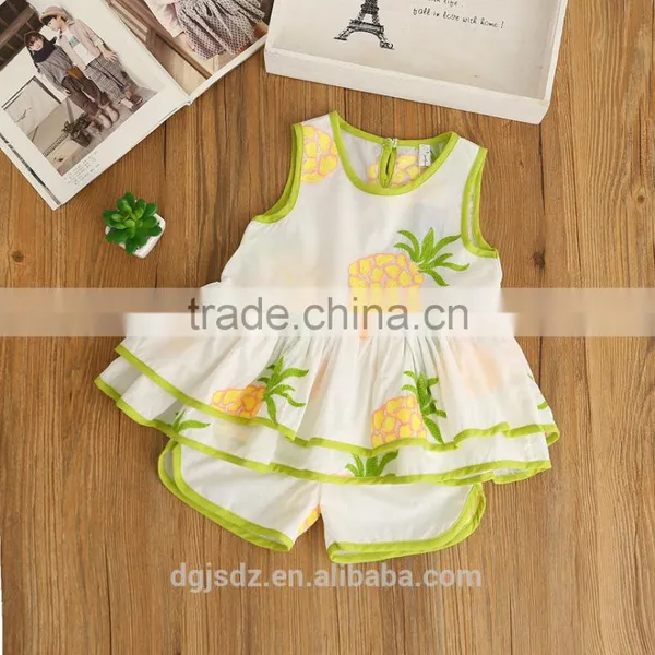 Lotus Leaf Pineapple Embroidery Sleeveless Little Vest Shirt Shorts Pant Set for Lovely Gorl Wholesale photo-2