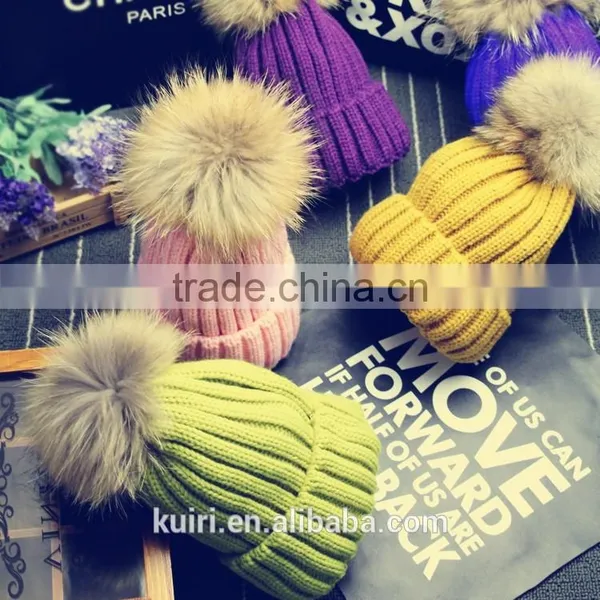 13 Colors Large 15cm Women Ball Hat Winter Real Raccoon Fur Pom Pom Knitted Beanie Skull Ski Cap Bobble Hat Pom Attached Hasp photo-3